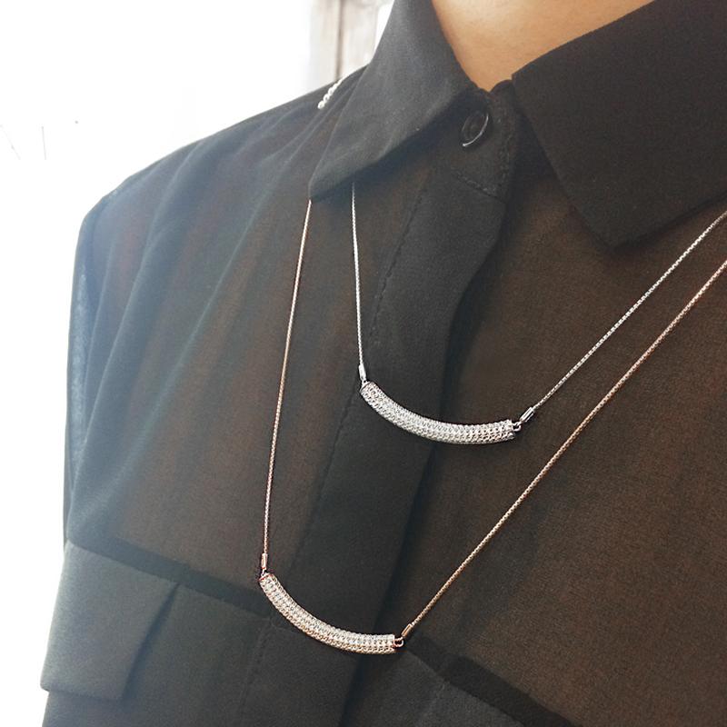 Sterling Silver Necklace - Pave set bar necklace with slider fastening