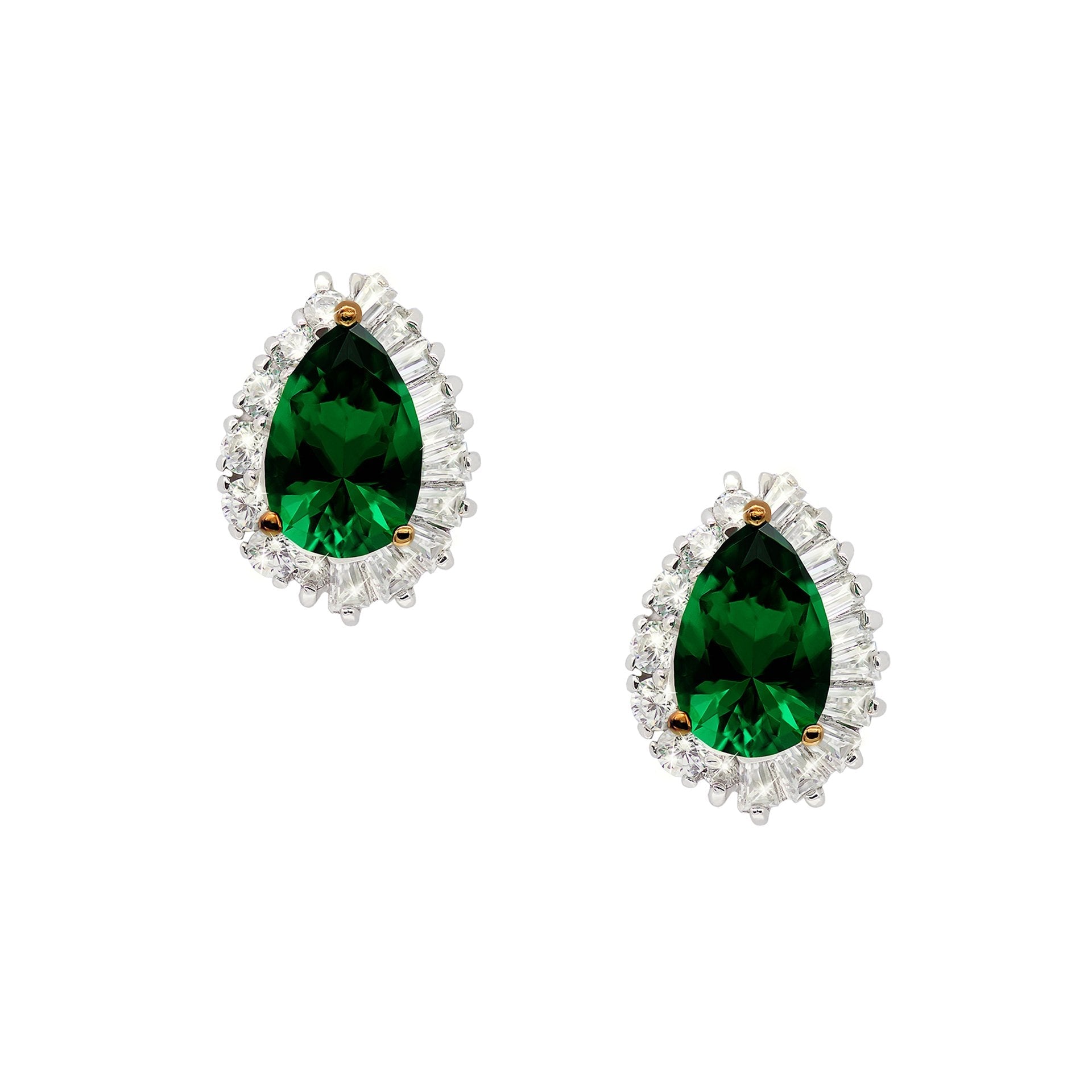 Sterling Silver Stud Earrings - Pear cut emerald green